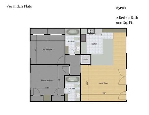 Floor plan for 2 beds, 2 baths, 900 sqft